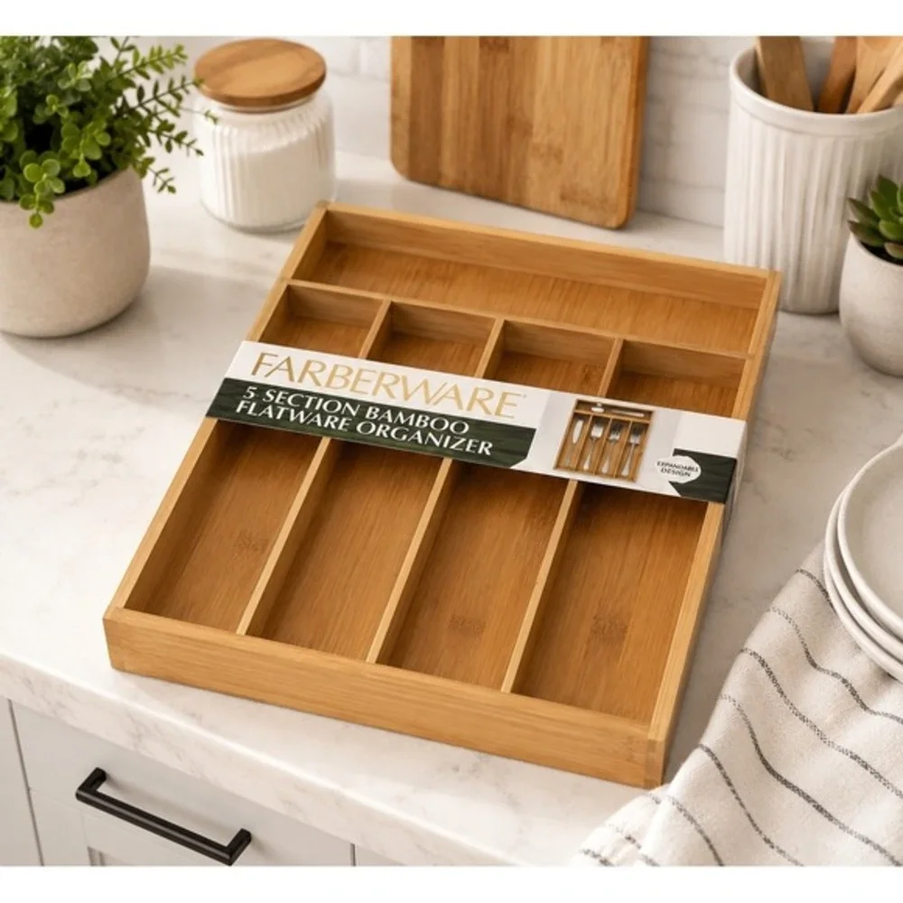 Farberware 5‎ Section Bamboo Flatware Drawer Organizer Tray 14